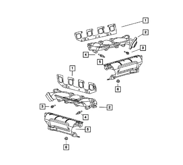 Originele Mopar uitlaatspruitstukpakking (links) voor Chrysler, Dodge, Jeep en RAM 5.7 tot 2008
